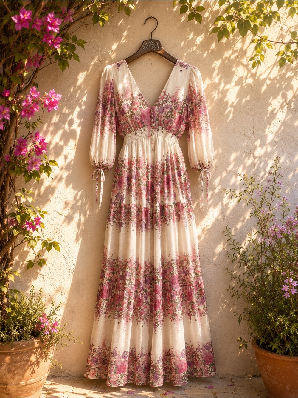 Romantic Pink Cream Floral Cottagecore 3/4 length sleeves V-Neck Flowy Dress 8 - Picture 3 of 7